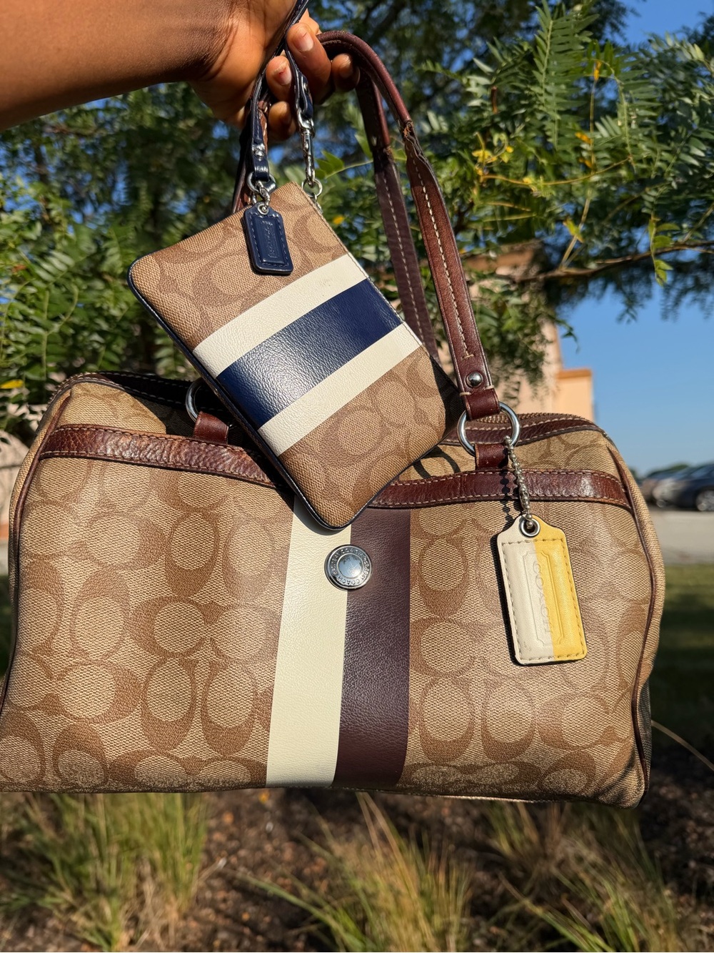 Coach Tan Signature Canvas Duffel with White & Navy Stripes